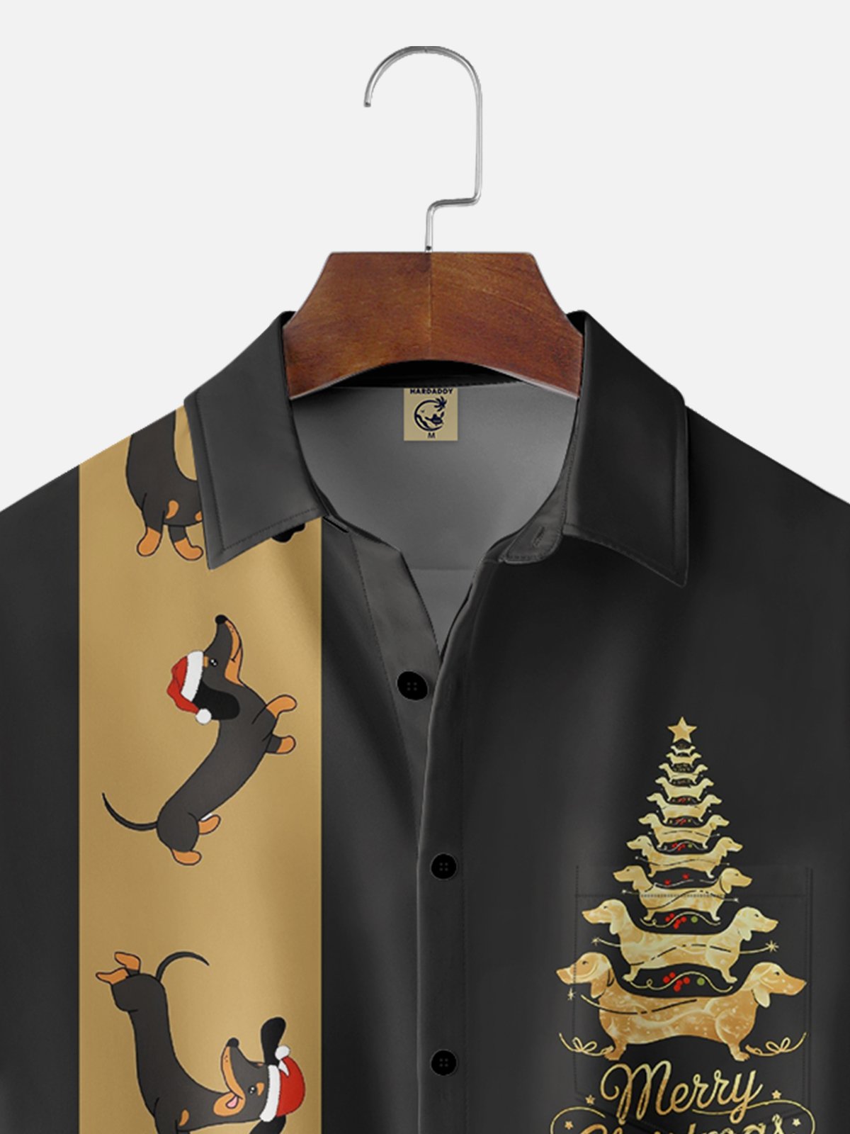 Moisture-wicking Christmas Dachshund Chest Pocket Bowling Shirt