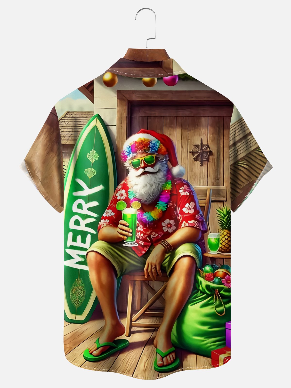 Moisture Wicking Christmas Surfing Santa Chest Pocket Casual Shirt