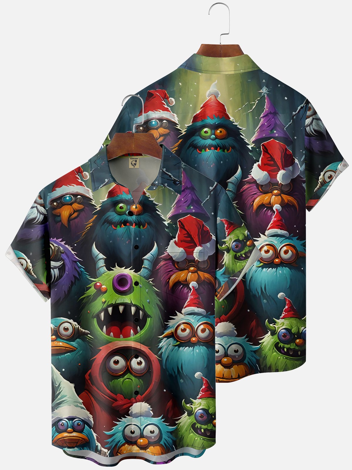 Moisture Wicking Christmas Ugly Monster Chest Pocket Casual Shirt