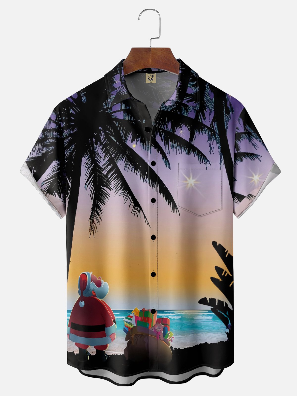 Moisture Wicking Christmas Hawaiian Santa Claus Chest Pocket Casual Shirt