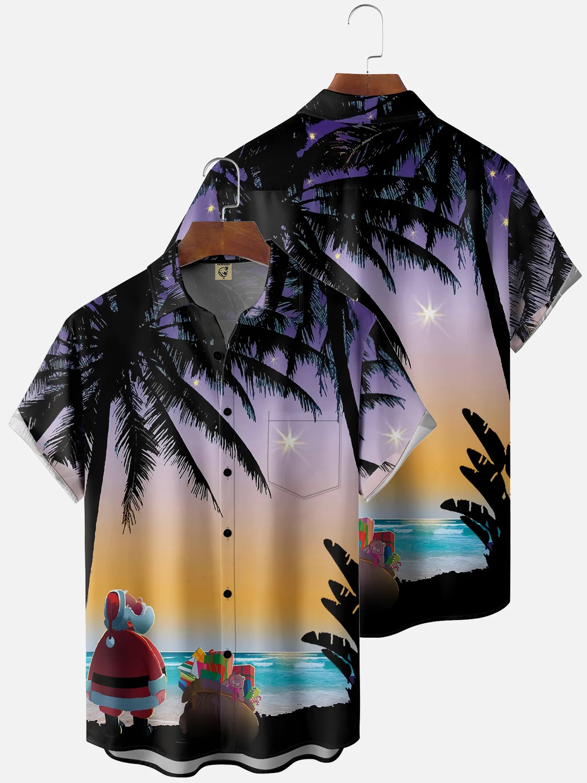 Moisture Wicking Christmas Hawaiian Santa Claus Chest Pocket Casual Shirt