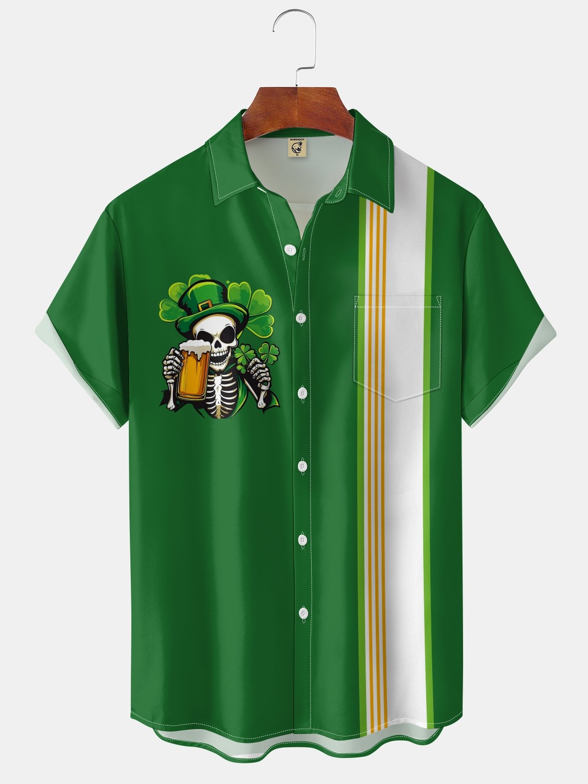 Moisture-wicking Saint Patrick‘s Day Shamrock Chest Pocket Bowling Shirt