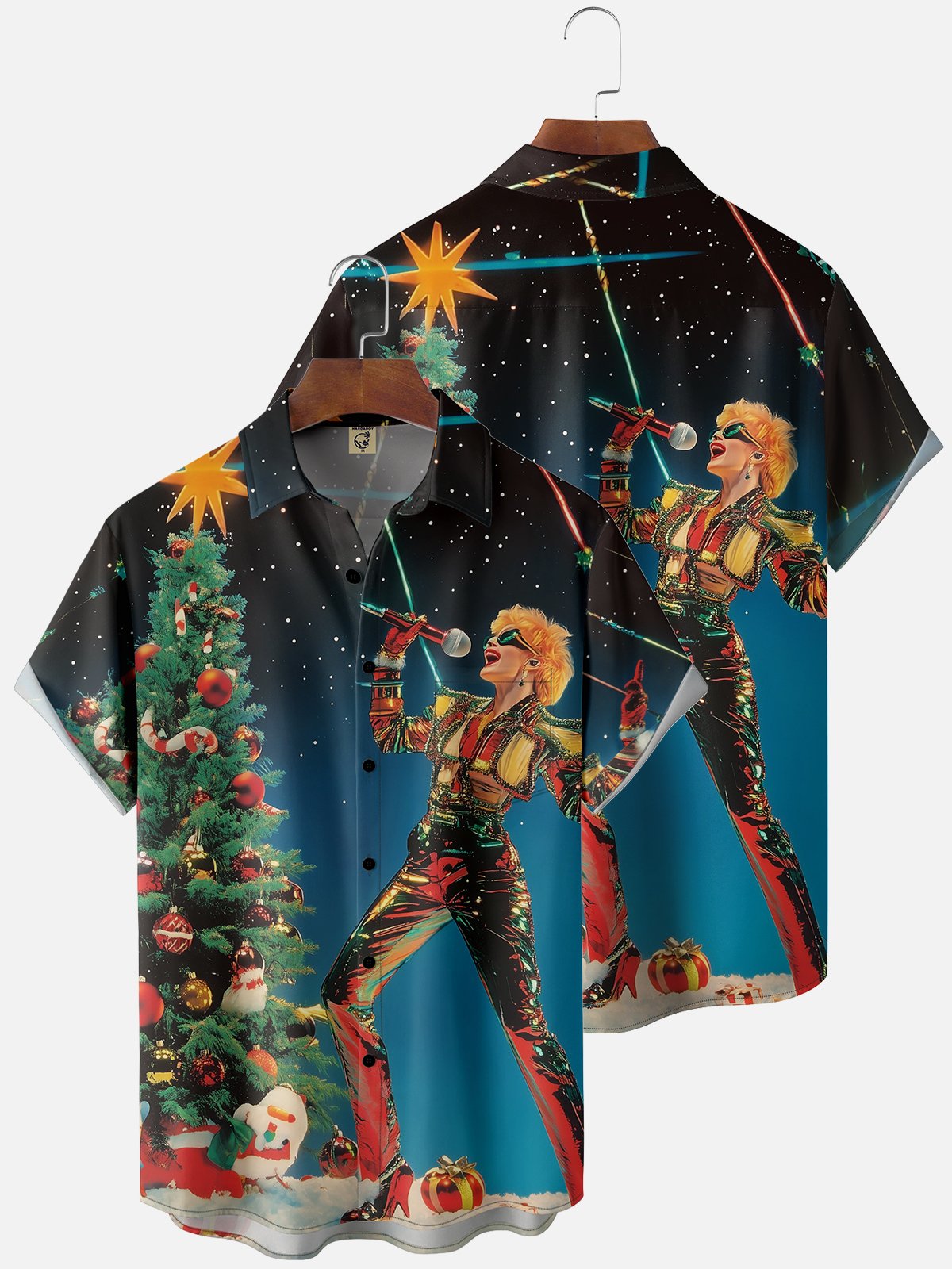 Moisture wicking Christmas Karaoke Girl Chest Pocket Casual Shirt