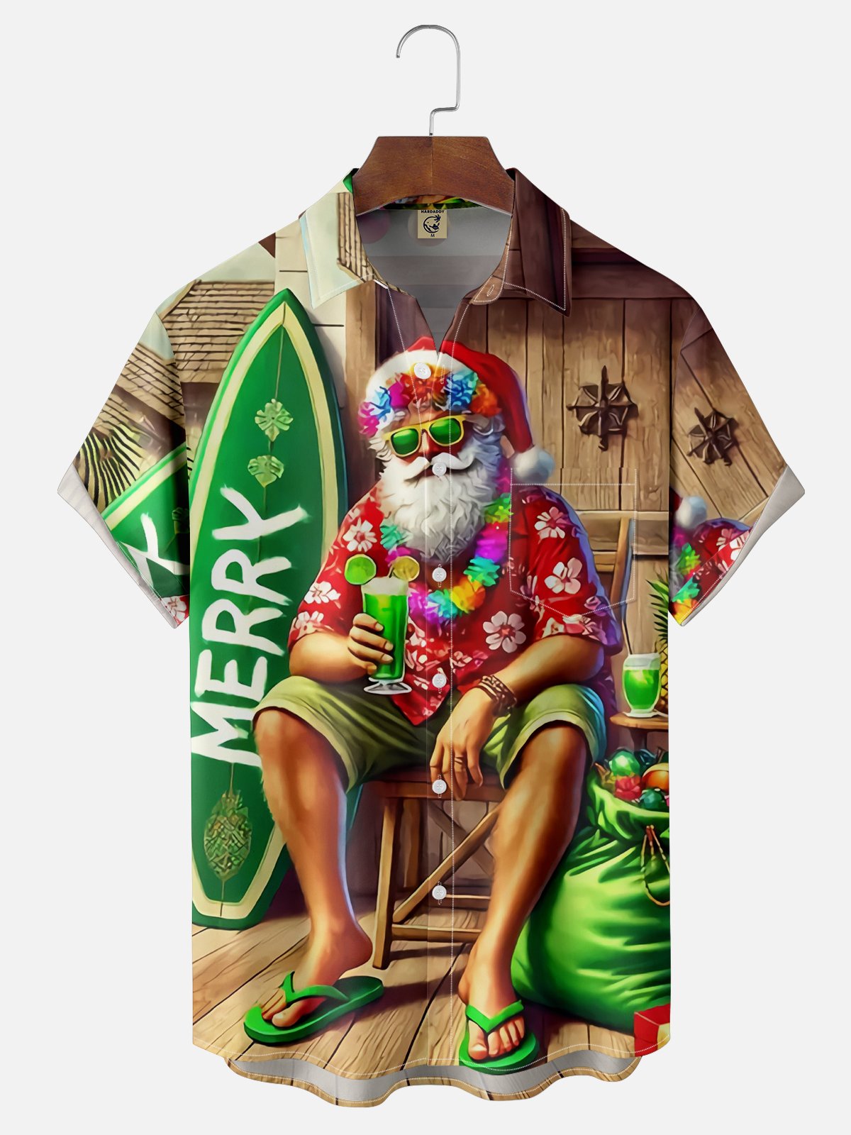 Moisture Wicking Christmas Surfing Santa Chest Pocket Casual Shirt