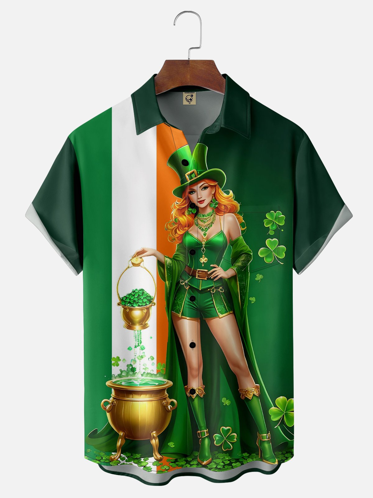 Moisture-wicking St. Patrick's Day Clover Lady Irish Flag Chest Pocket Hawaiian Shirt