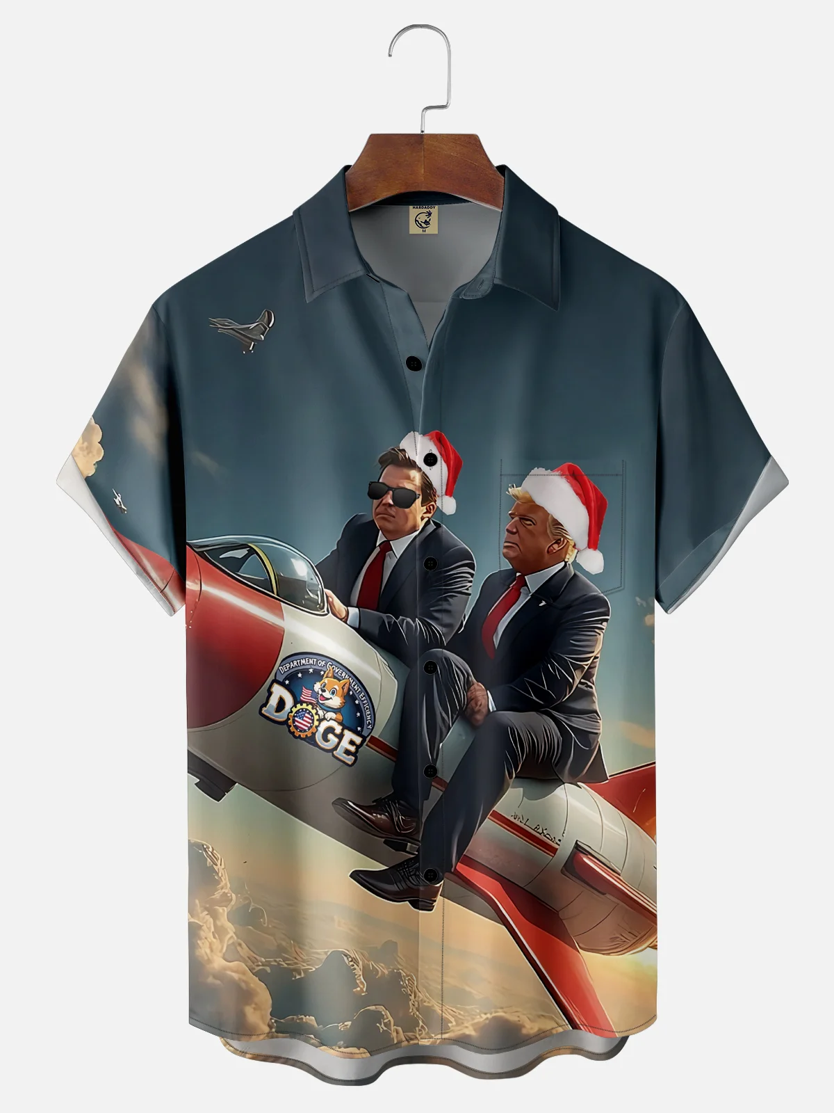 Moisture-wicking Trump and Elon Christmas Rocket Chest Pocket Hawaiian Shirt