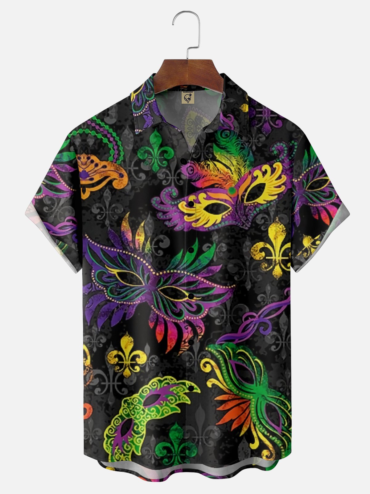 Mens Mardi Gras Carnival Masks Fleur de lis Print Casual Breathable Short Sleeve Hawaiian Shirts