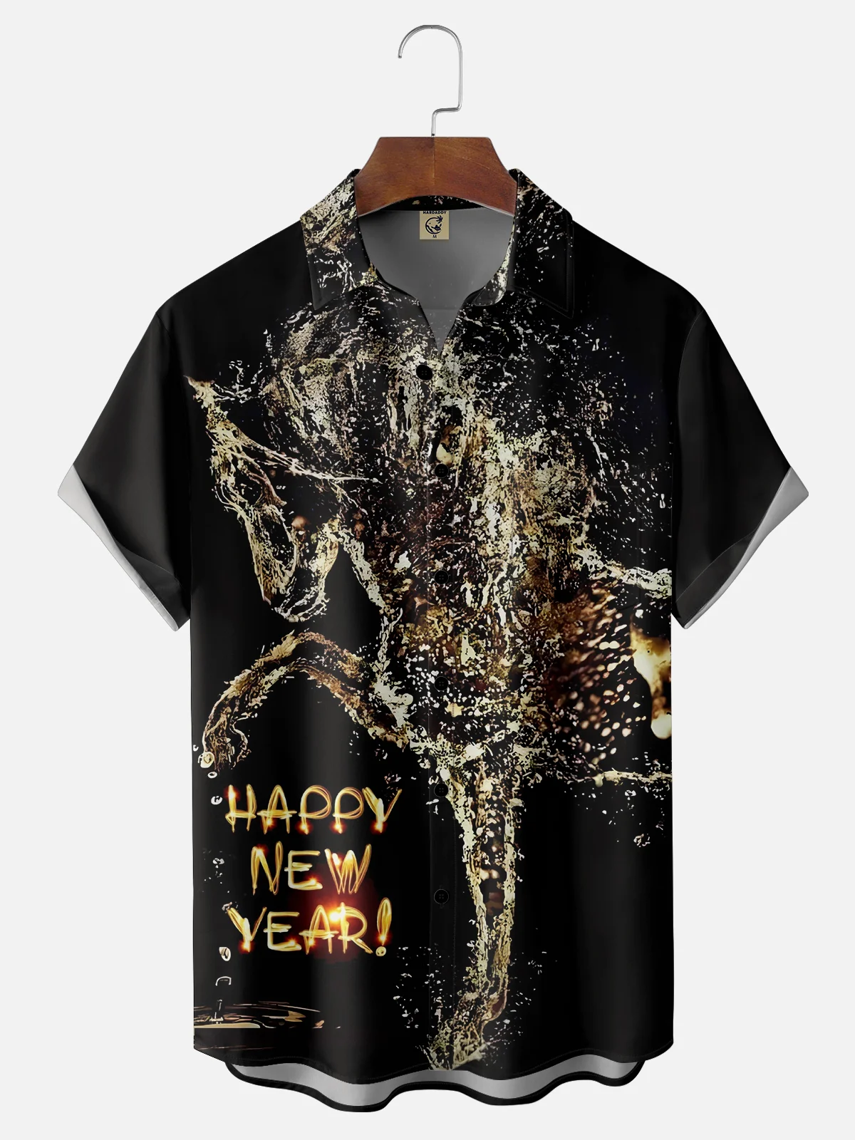 Moisture-wicking Happy New Year Art Font Horse Chest Pocket Hawaiian Shirt