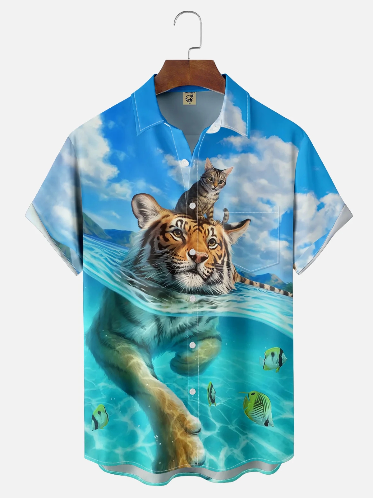 Moisture-wicking Tiger and Cat Ocean Chest Pocket Hawaiian Shirt