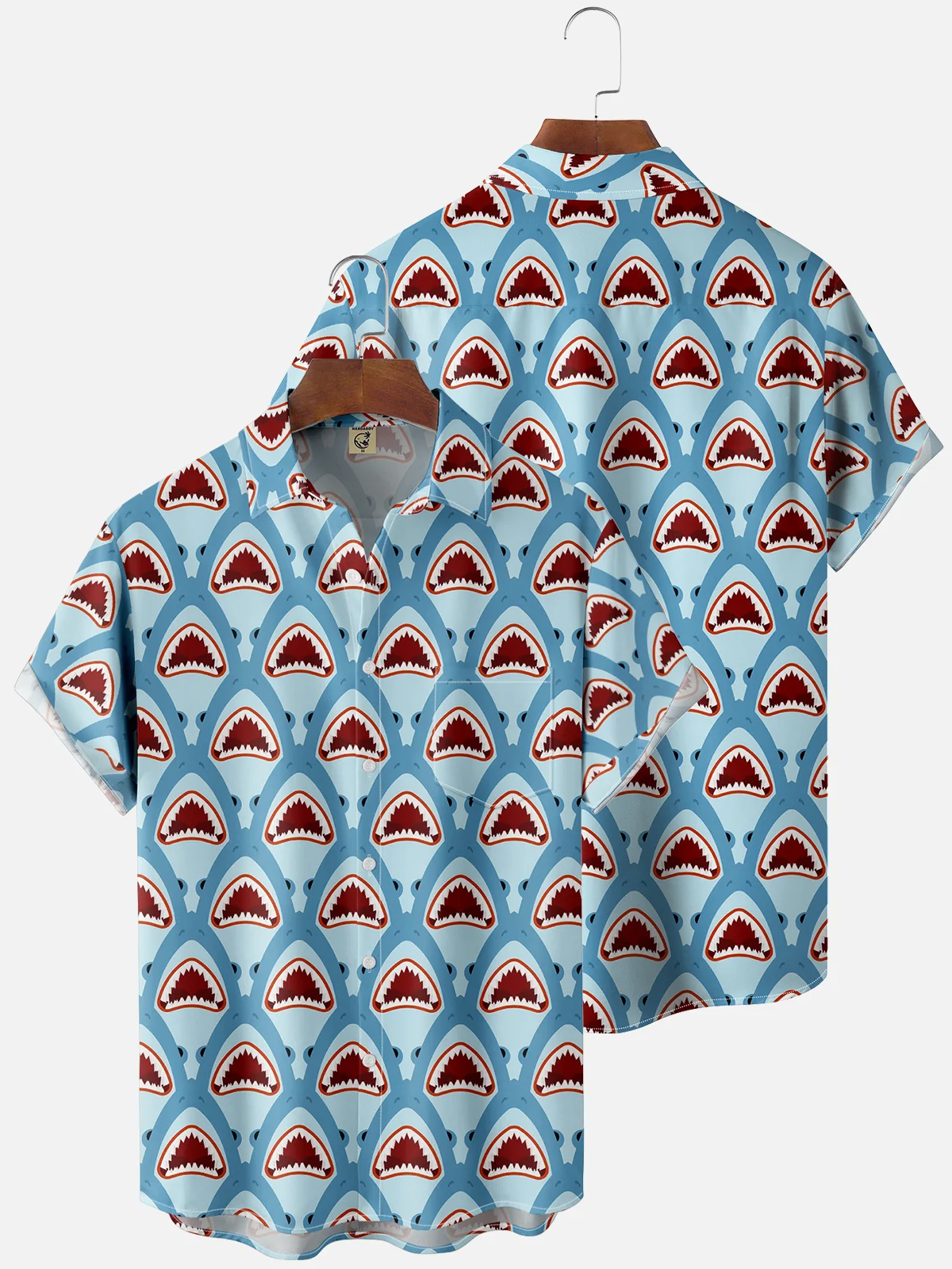 Moisture Wicking Hawaiian Sharks Chest Pocket Casual Shirt