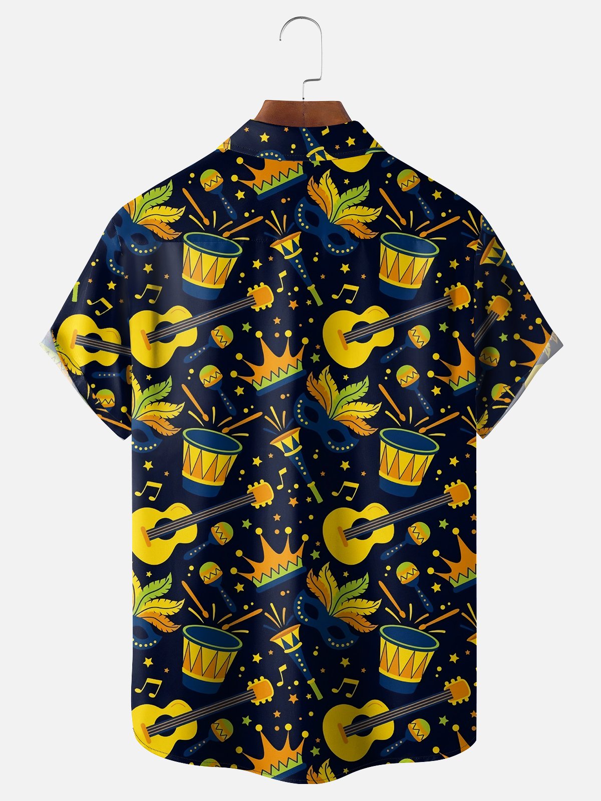 Mens Mardi Gras Carnival Masks Music Guitar Print Casual Breathable Short Sleeve Hawaiian Shirts