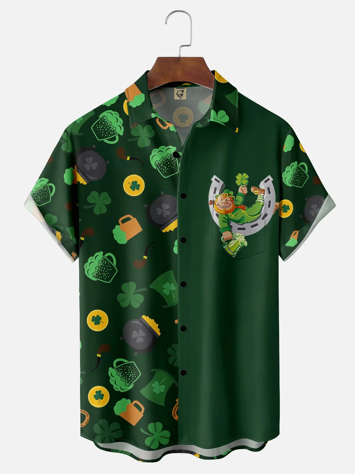 Moisture-wicking St. Patrick's Day Gnome Beer Shamrock Chest Pocket Casual Shirt