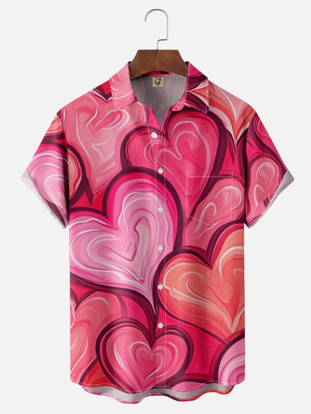 Moisture-wicking Valentine's Day Pink Heart Art Chest Pocket Hawaiian Shirt