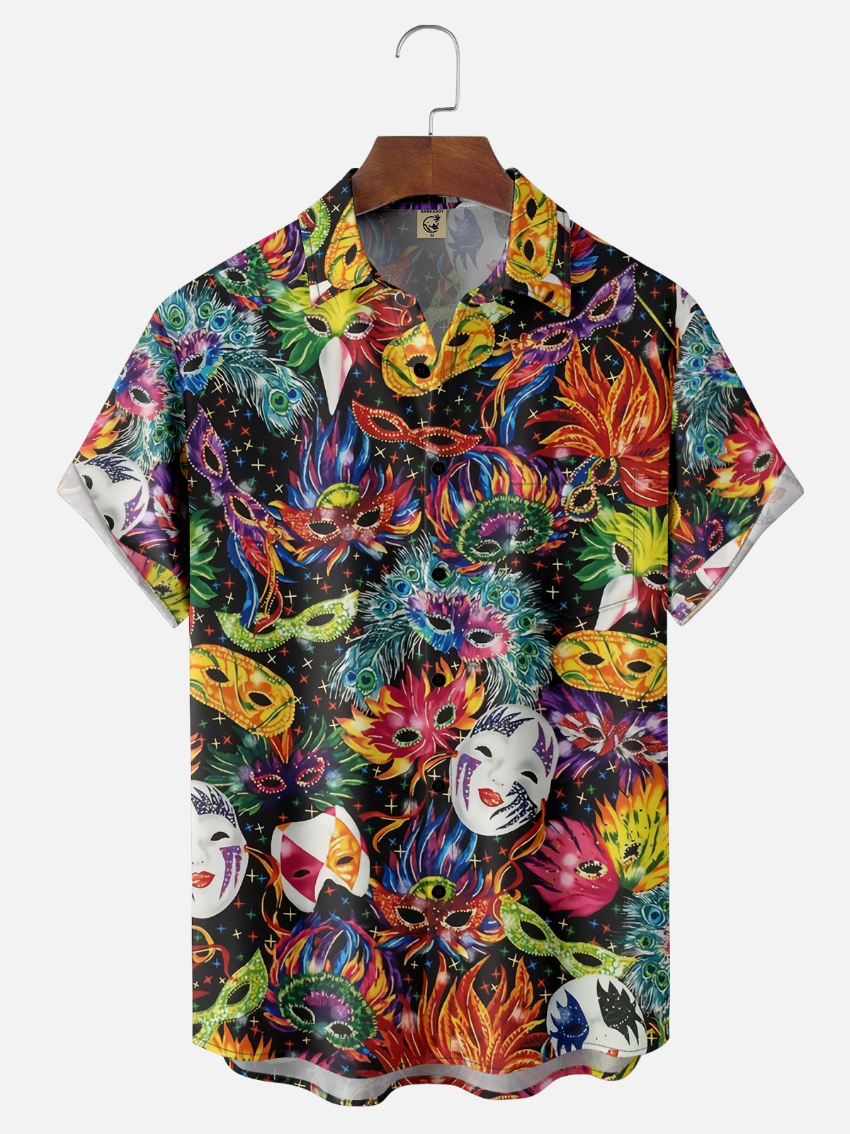 Mens Mardi Gras Carnival Masks Print Casual Breathable Short Sleeve Hawaiian Shirts