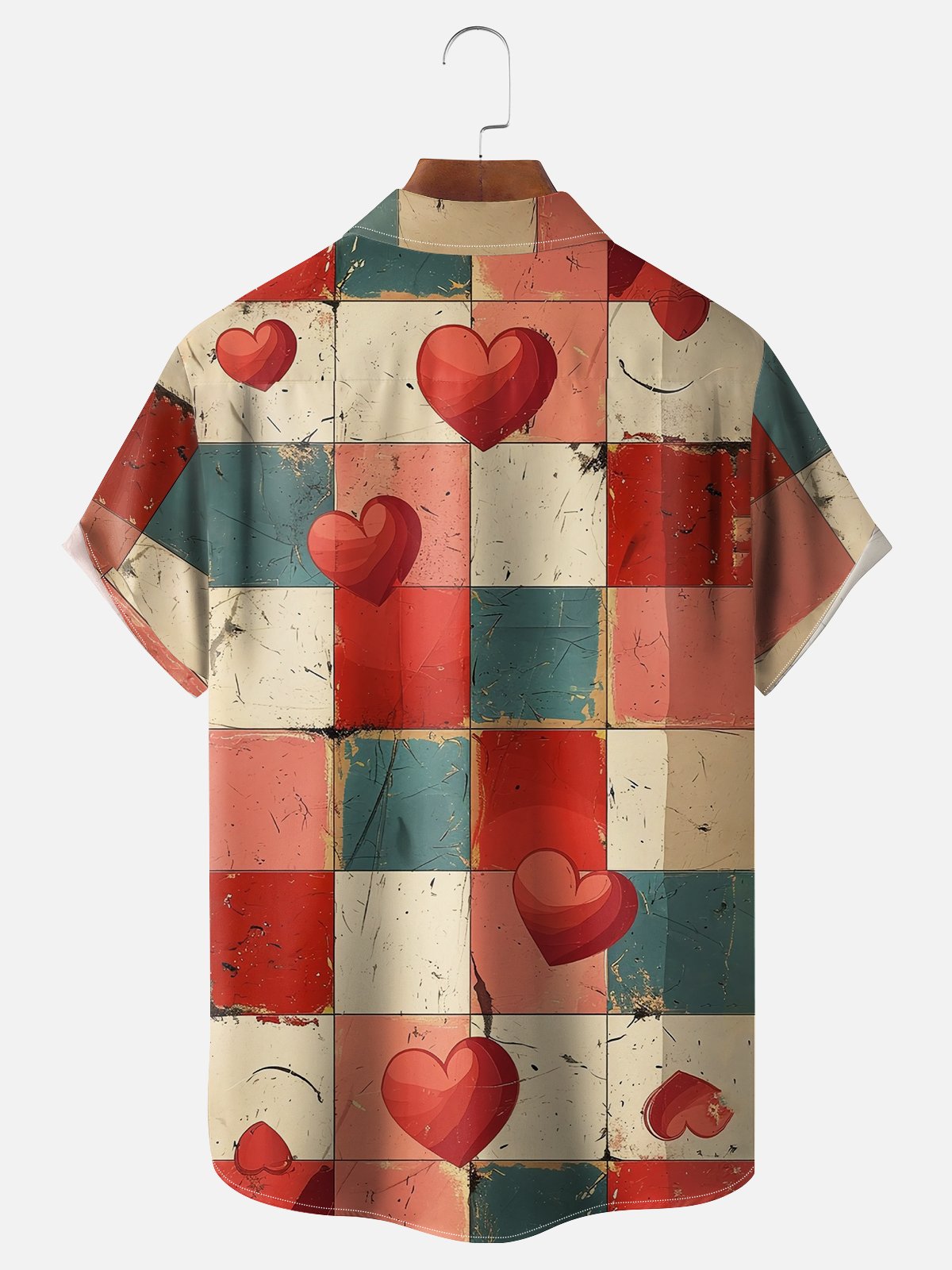 Moisture-wicking Valentine's Day Pink Heart Plaid Chest Pocket Hawaiian Shirt