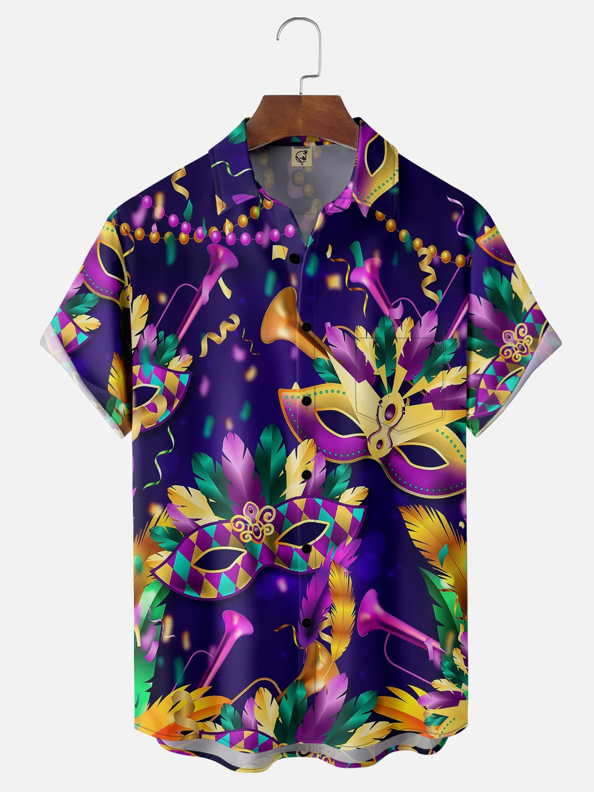 Mens Mardi Gras Carnival Masks Print Casual Breathable Short Sleeve Hawaiian Shirts