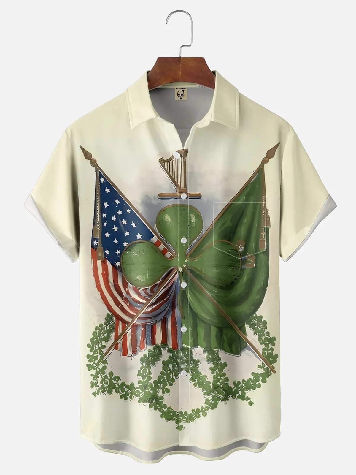 Moisture-wicking St. Patrick's Day Four-Leaf Clover American Flag Chest Pocket Hawaiian Shirt