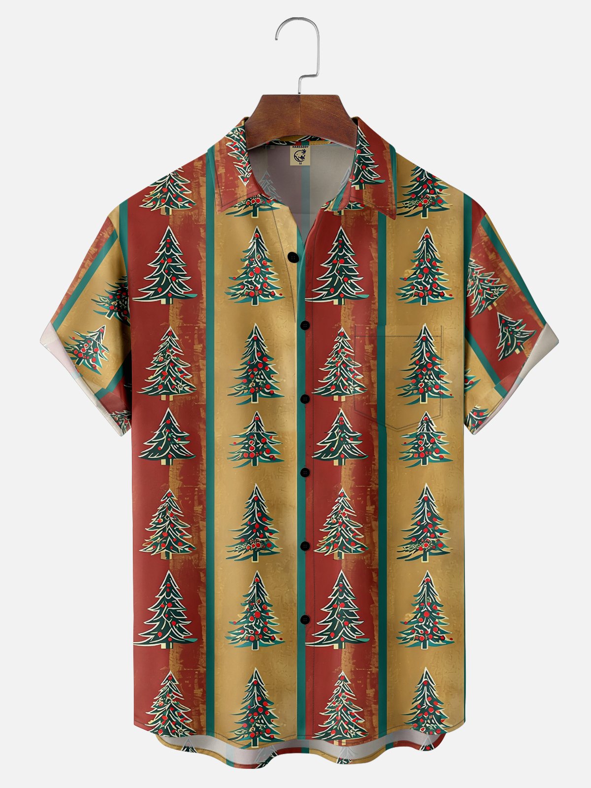 Moisture-wicking Christmas Classic Retro Christmas Tree Chest Pocket Hawaiian Shirt