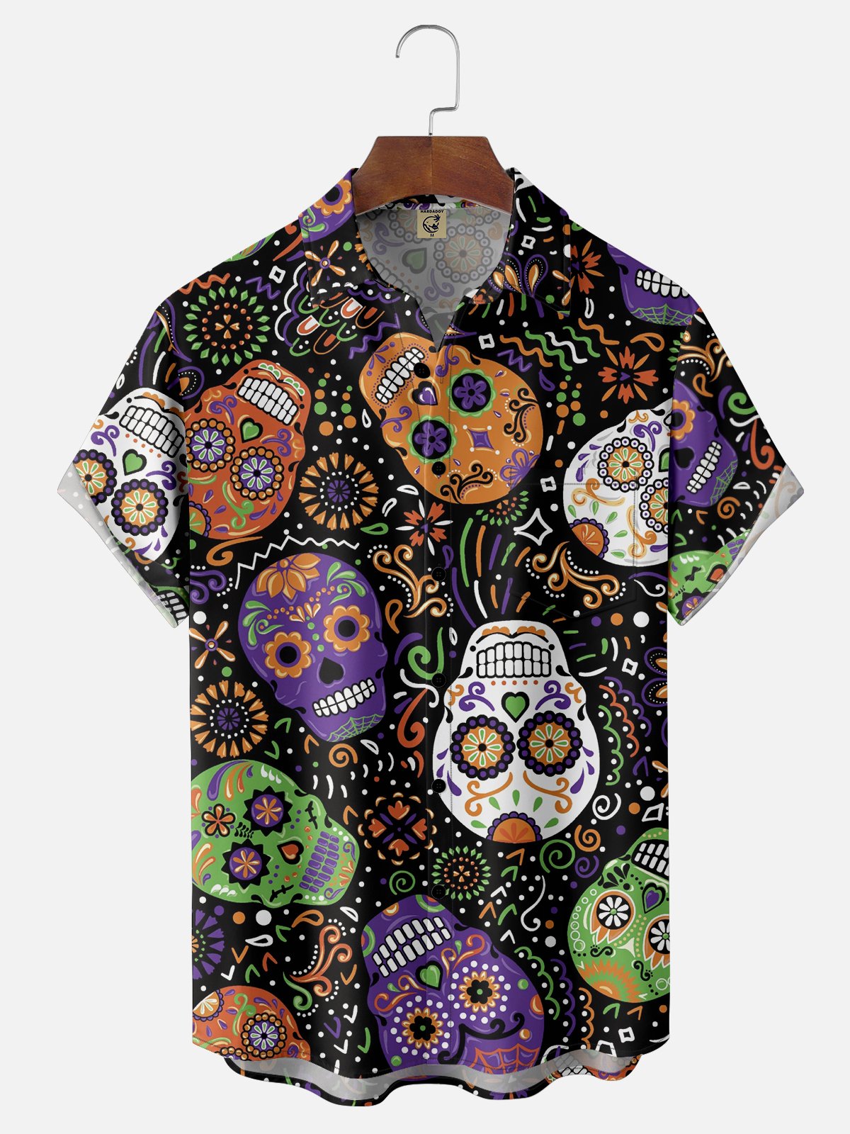 Mens Mardi Gras Skull Art Rock Roll Print Casual Breathable Short Sleeve Hawaiian Shirts