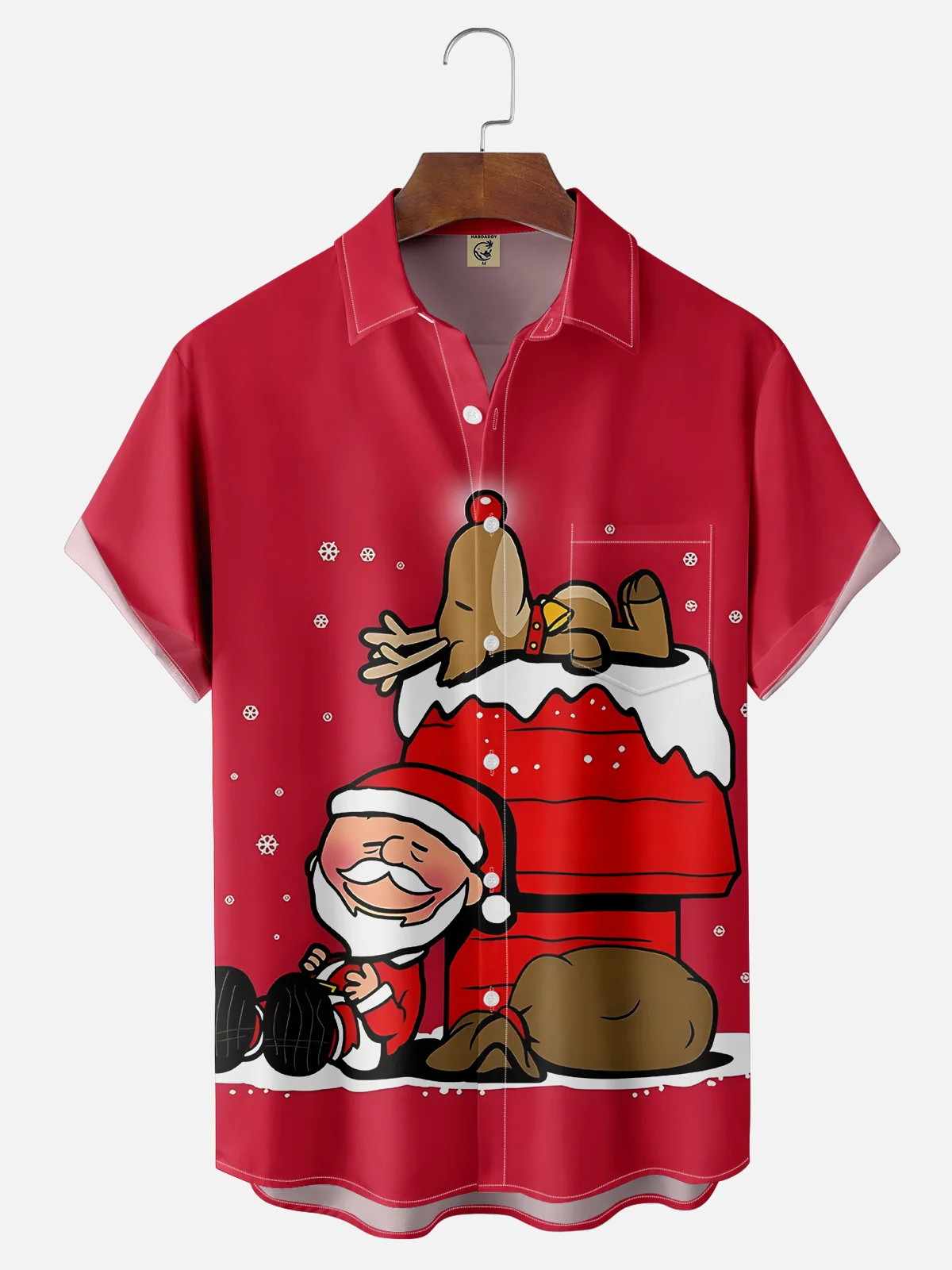 Moisture-wicking Christmas Charlie Santa and Elk Chest Pocket Hawaiian Shirt