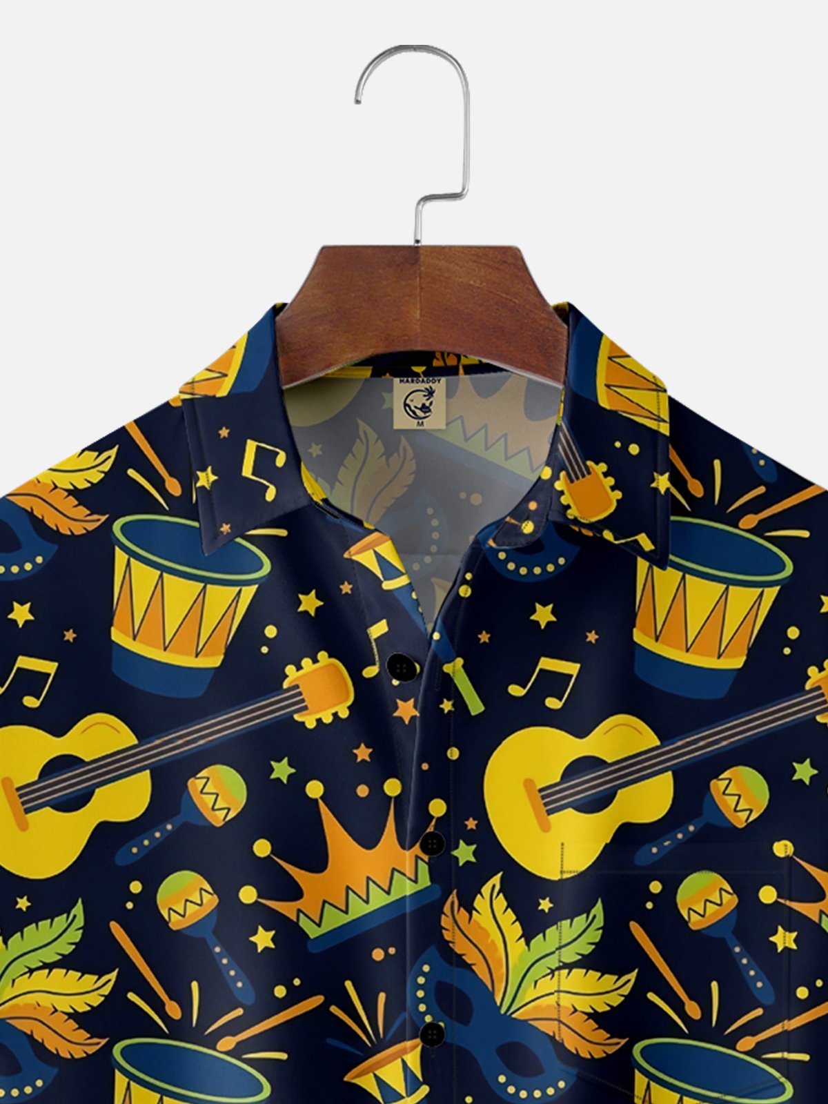 Mens Mardi Gras Carnival Masks Music Guitar Print Casual Breathable Short Sleeve Hawaiian Shirts