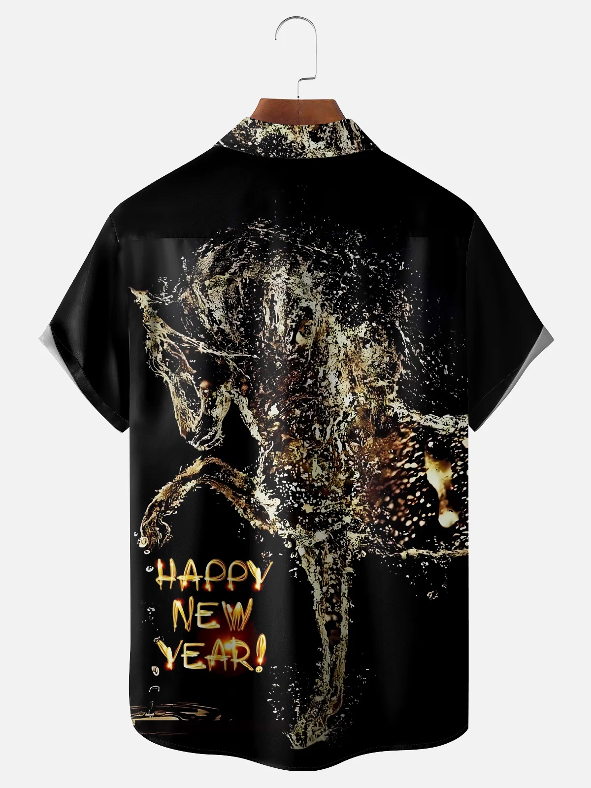 Moisture-wicking Happy New Year Art Font Horse Chest Pocket Hawaiian Shirt