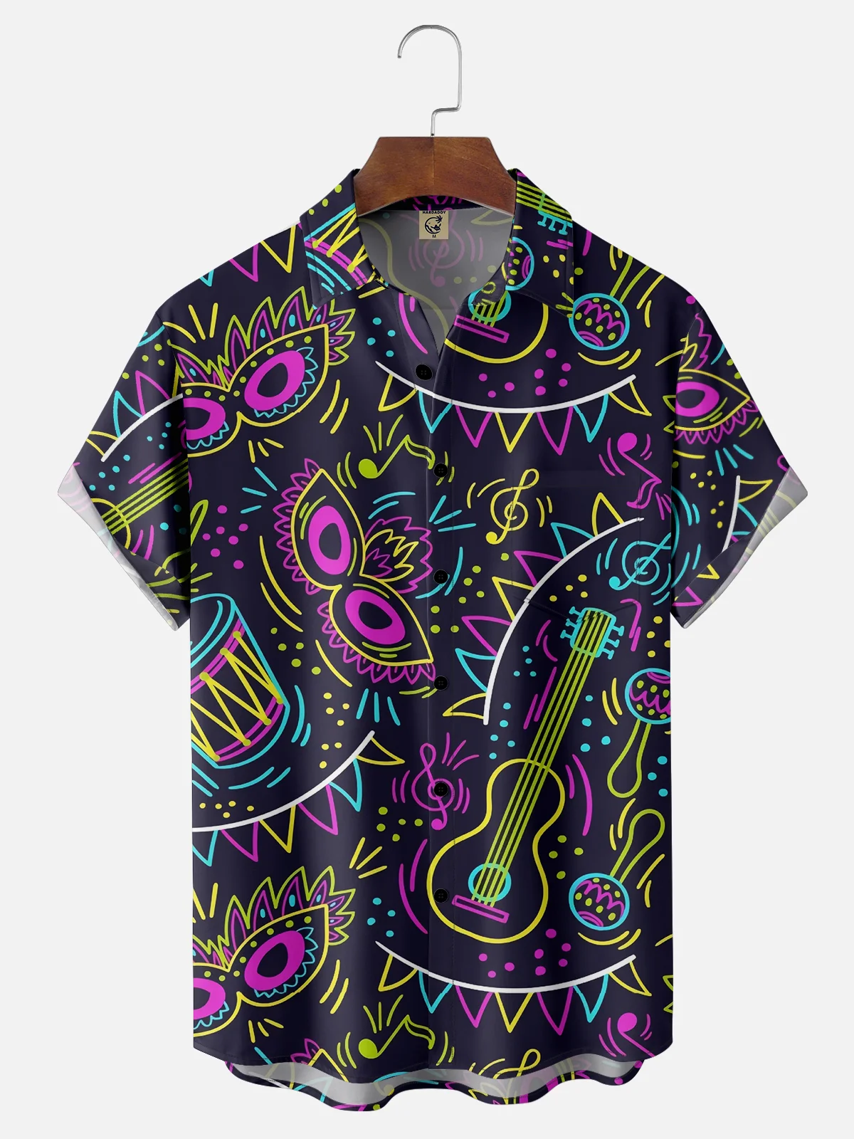 Mens Mardi Gras Carnival Masks & Music Print Casual Breathable Short Sleeve Hawaiian Shirts