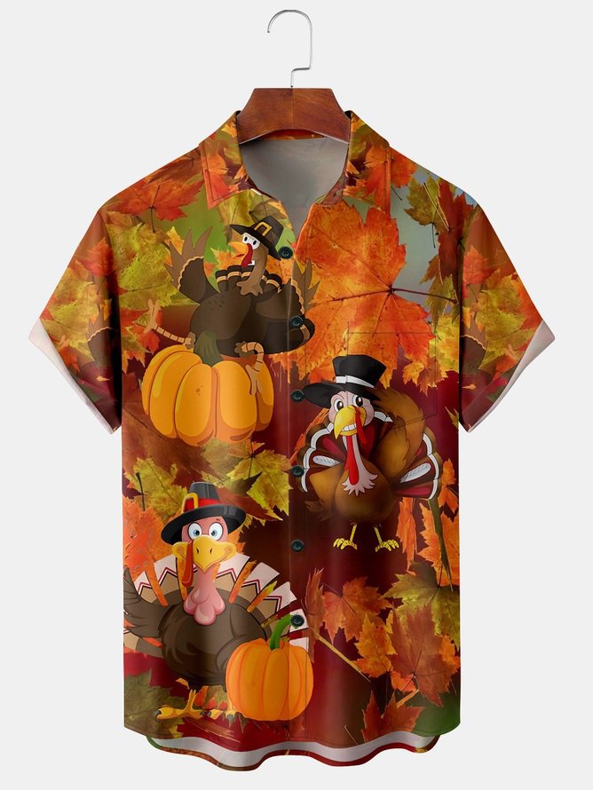 Men's Thanksgiving Turkey Print Casual Short Sleeve Hawaiian Shirt with Breast Pocket