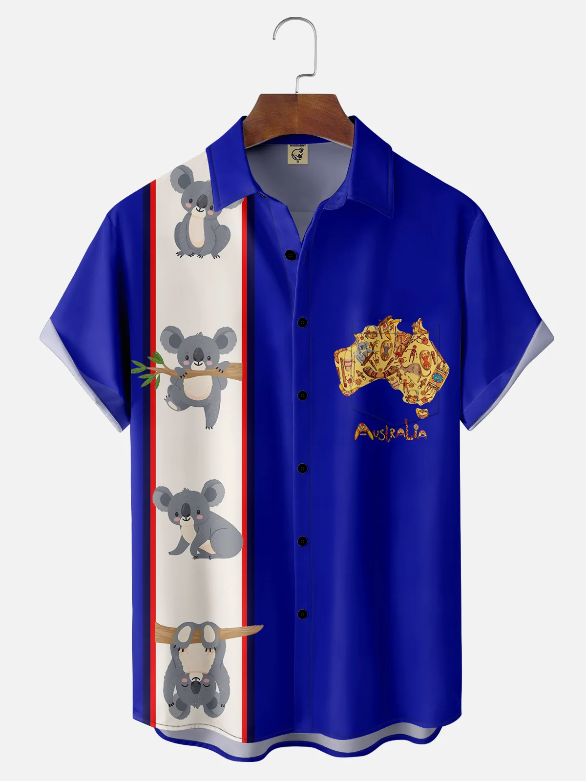 Moisture-wicking Australia Day Koala Art Blue Chest Pocket Bowling Shirt