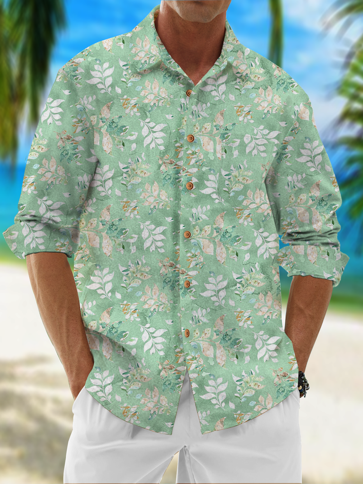 Moisture Wicking Floral Chest Pocket Long Sleeve Casual Shirt