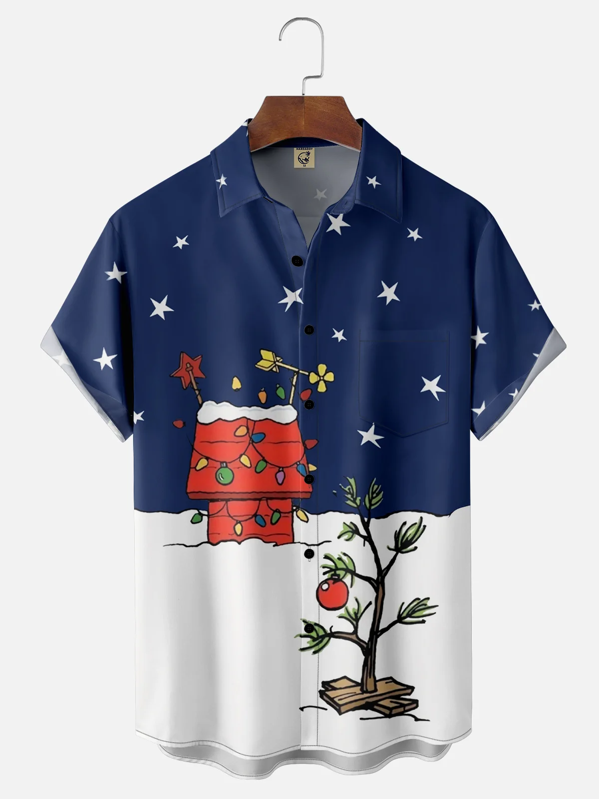 Tall Size Moisture-wicking Charlie's Christmas Tree And Doghouse Chest Pocket Hawaiian Shirt