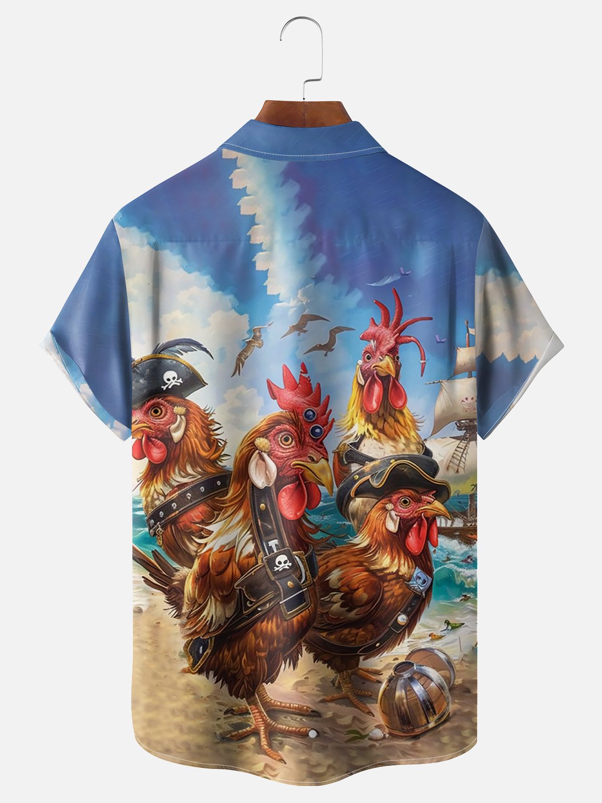 Moisture Wicking Hawaiian Pirate Chicken Chest Pocket Casual Shirt