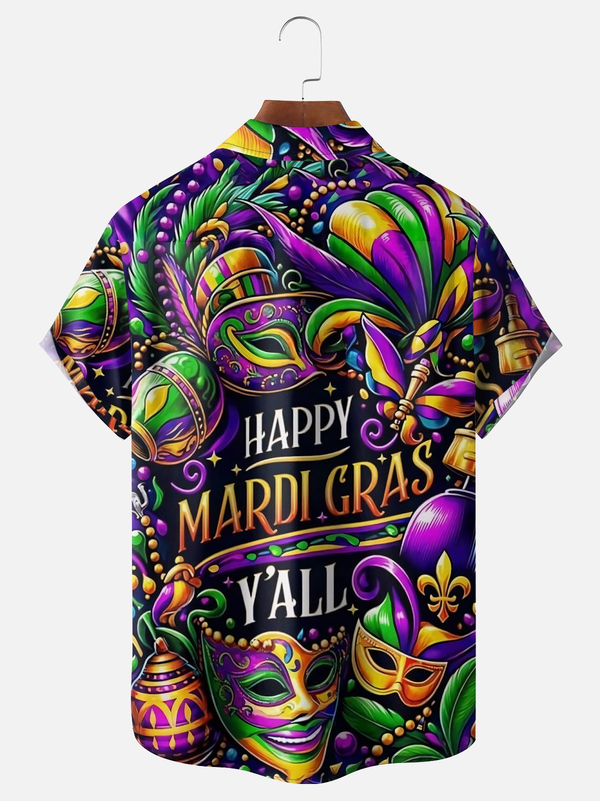 Moisture-wicking Mardi Gras Art Font Mask Purple Chest Pocket Hawaiian Shirt