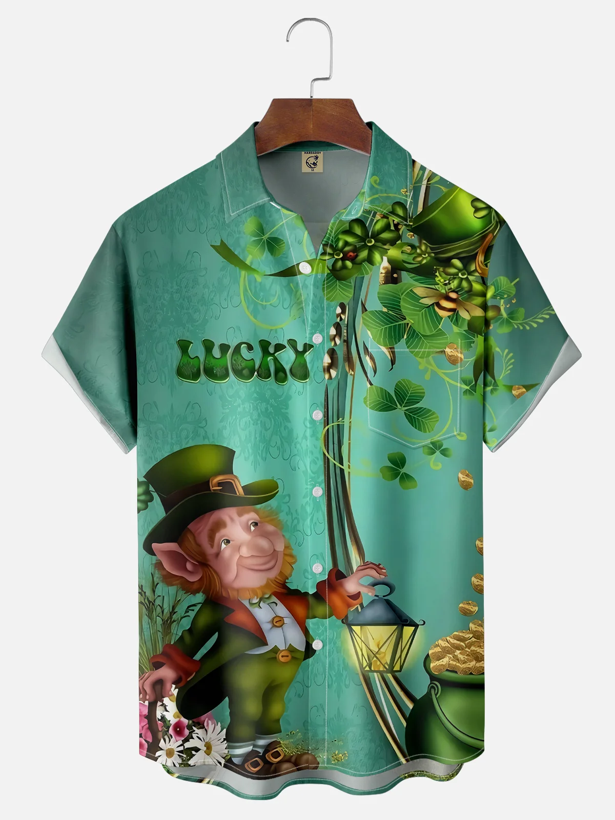 Moisture-wicking St. Patrick's Day Gnome Gold Coin Chest Pocket Hawaiian Shirt