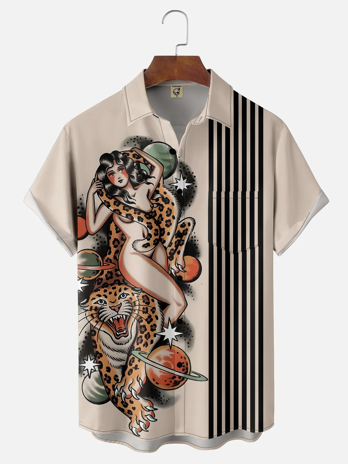 Moisture-wicking Vintage Tattoo Leopard Girl Art Chest Pocket Bowling Shirt