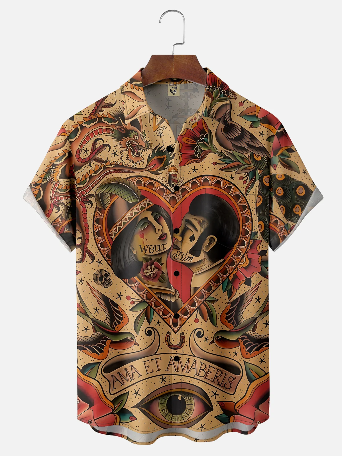 Moisture-wicking Vintage Tattoo Art Chest Pocket Hawaiian Shirt