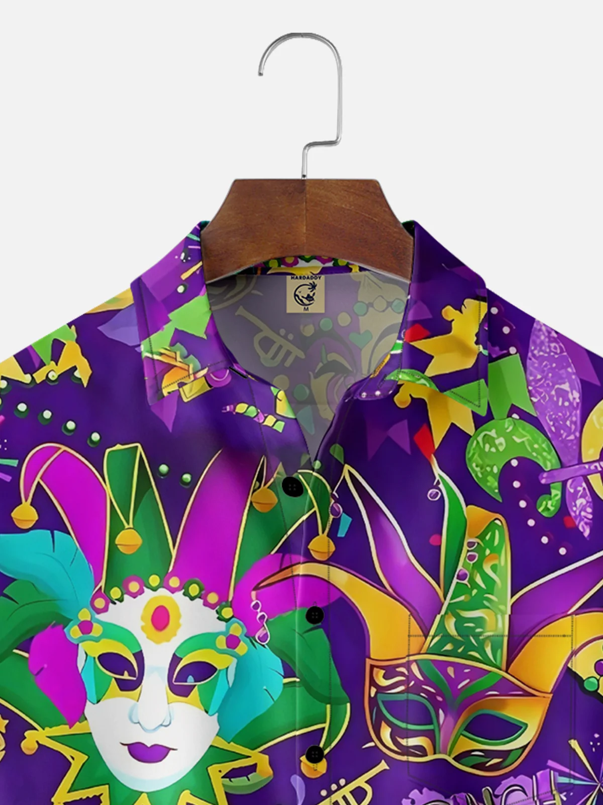 Moisture-wicking Mardi Gras Art Mask Purple Chest Pocket Hawaiian Shirt