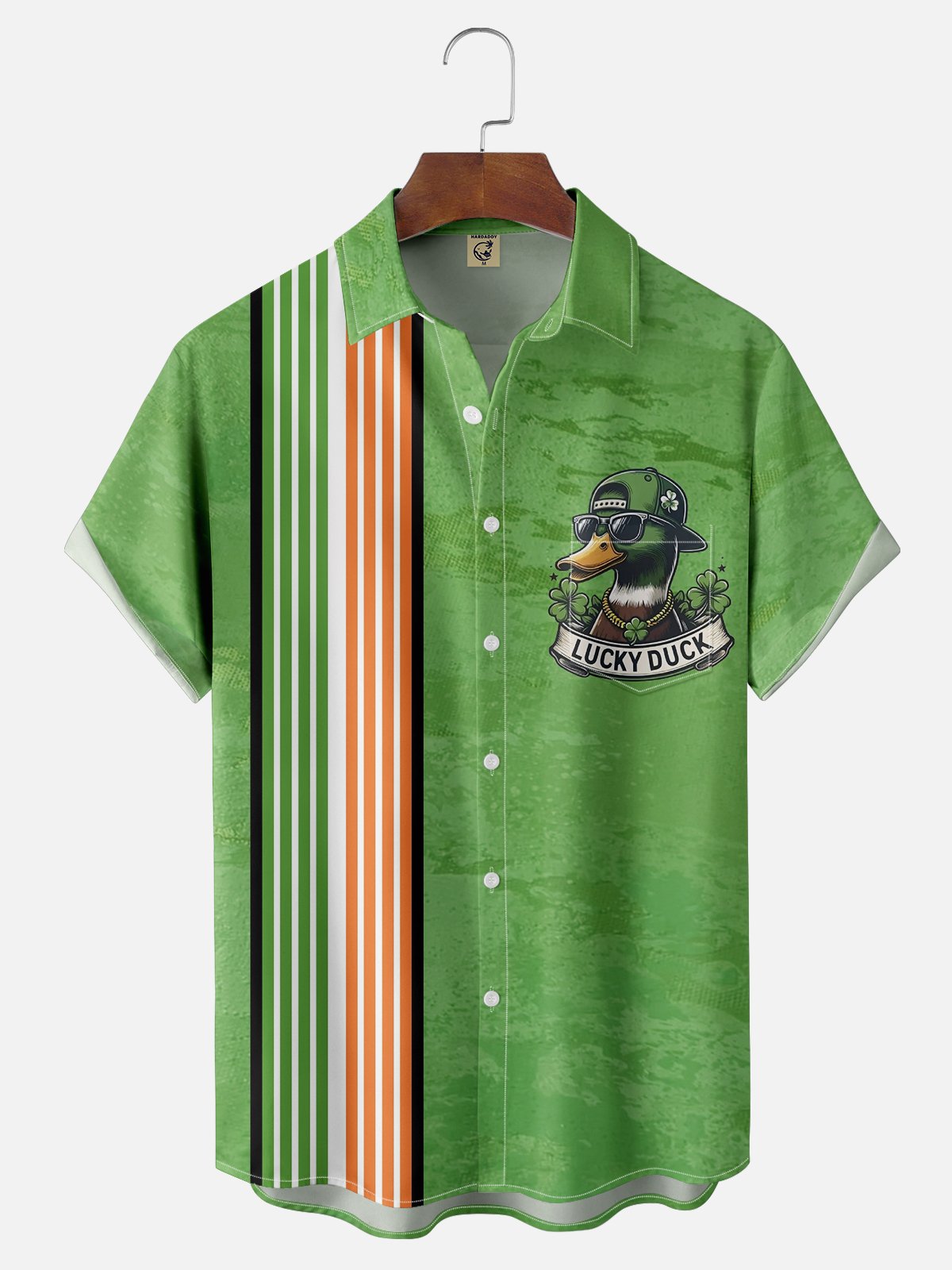 Moisture-wicking St. Patrick's Day Duck Four-Leaf Clover LUCKY DUCK Chest Pocket Bowling Shirt