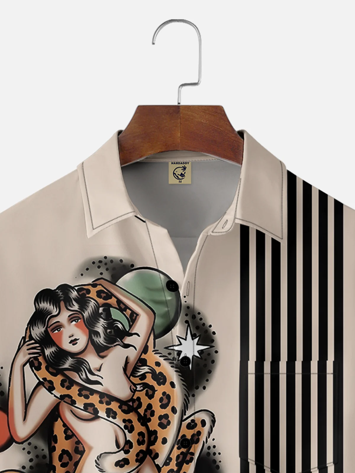 Moisture-wicking Vintage Tattoo Leopard Girl Art Chest Pocket Bowling Shirt