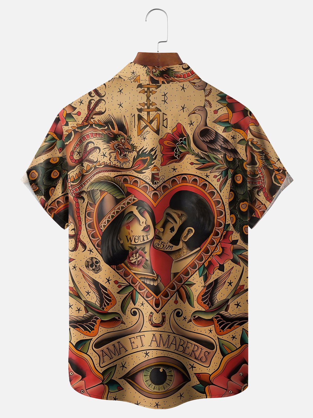 Moisture-wicking Vintage Tattoo Art Chest Pocket Hawaiian Shirt