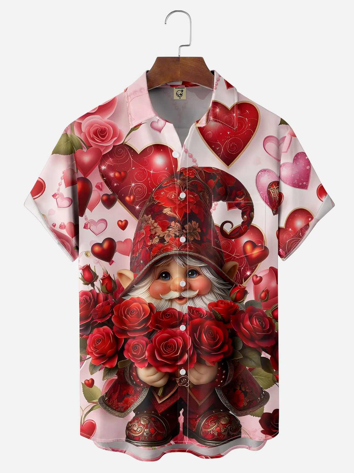 Moisture-wicking Valentine's Day Heart Gnome Rose Red Chest Pocket Hawaiian Shirt