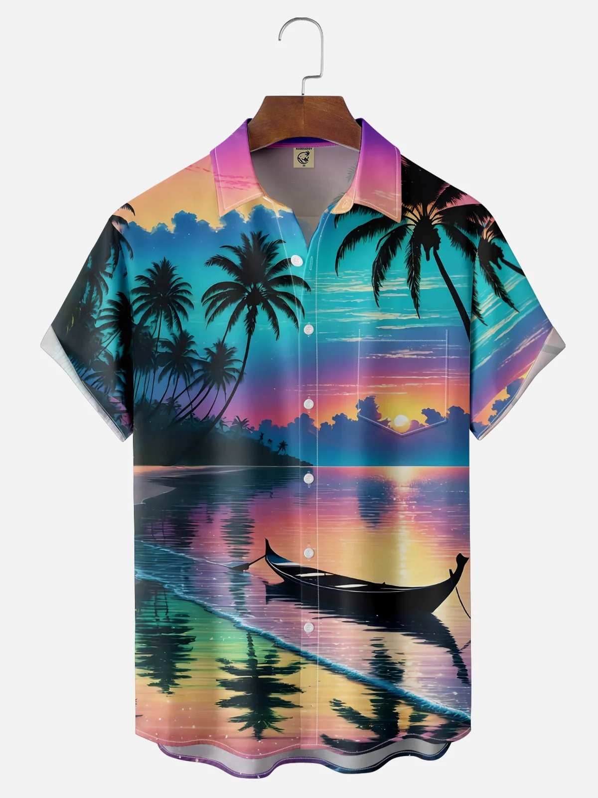 Moisture Wicking Hawaiian Coconut Tree Chest Pocket Casual Shirt