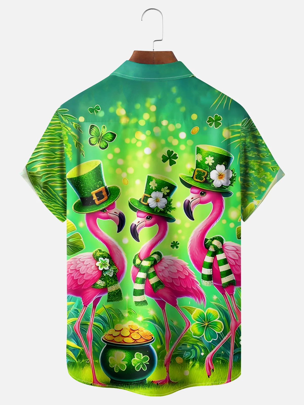 Moisture Wicking St. Patrick's Day Four Leaf Clover Flamingo Chest Pocket Casual Shirt