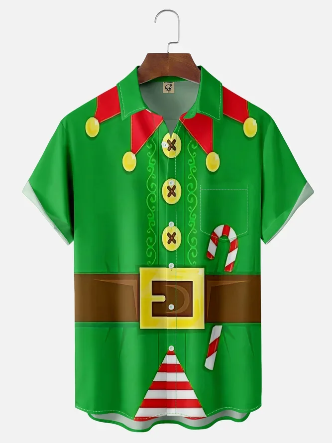 Chest Pocket Short Sleeve Christmas Shirt