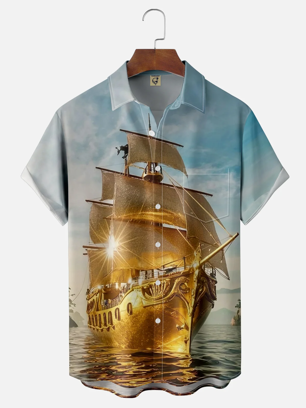 Moisture-wicking Ocean Gold Sailboat Chest Pocket Hawaiian Shirt