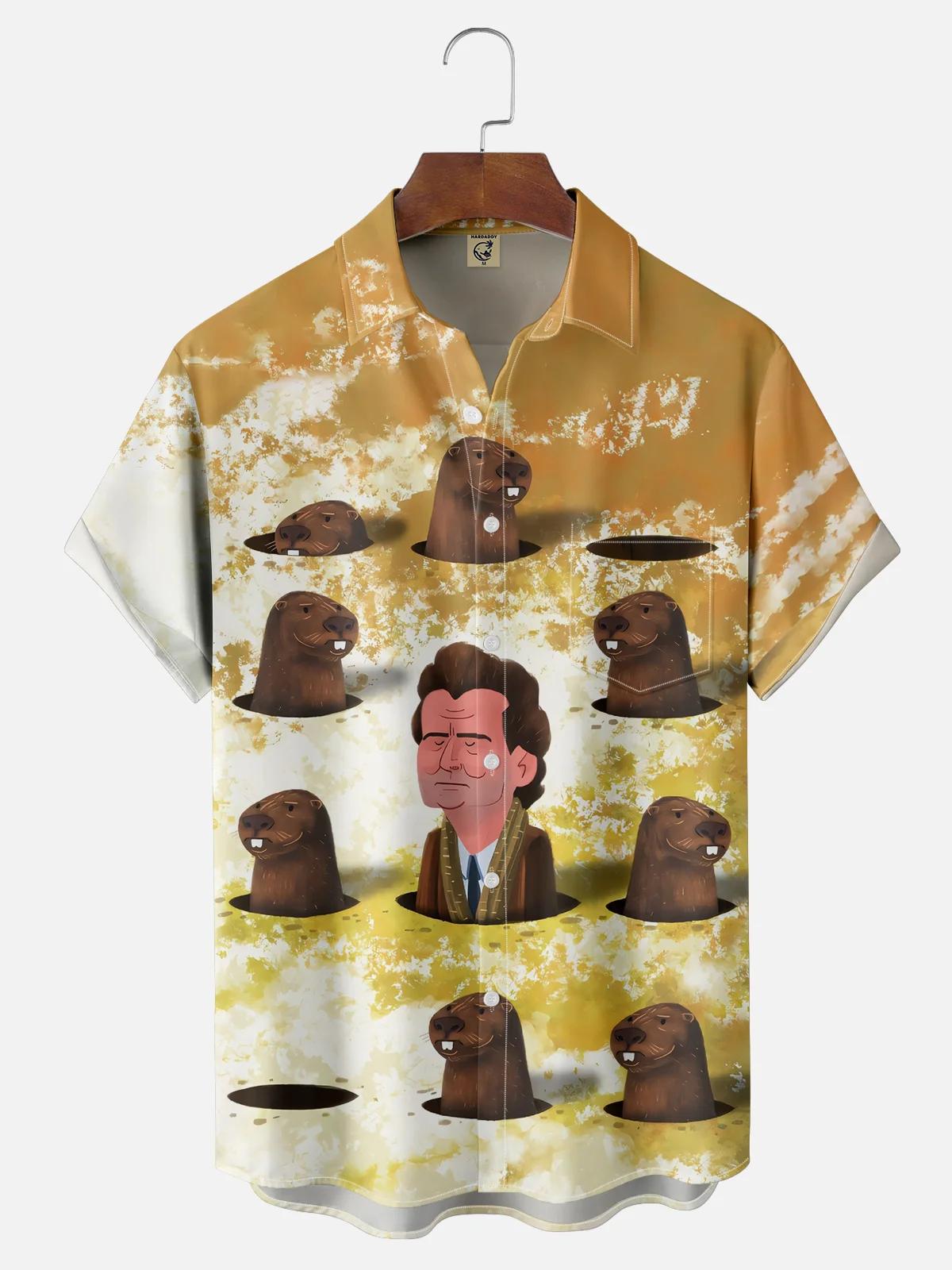 Moisture-wicking Groundhog Day Art Fun Illustration Chest Pocket Hawaiian Shirt