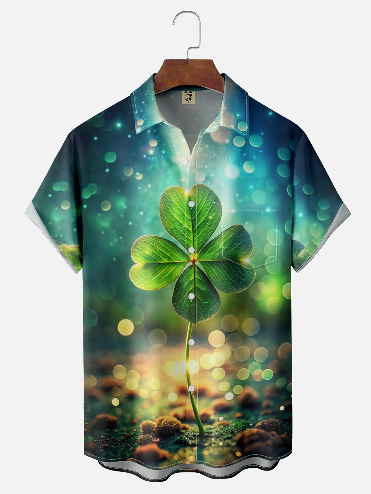 Moisture-wicking St. Patrick's Day Artistic Four-Leaf Clover Chest Pocket Hawaiian Shirt