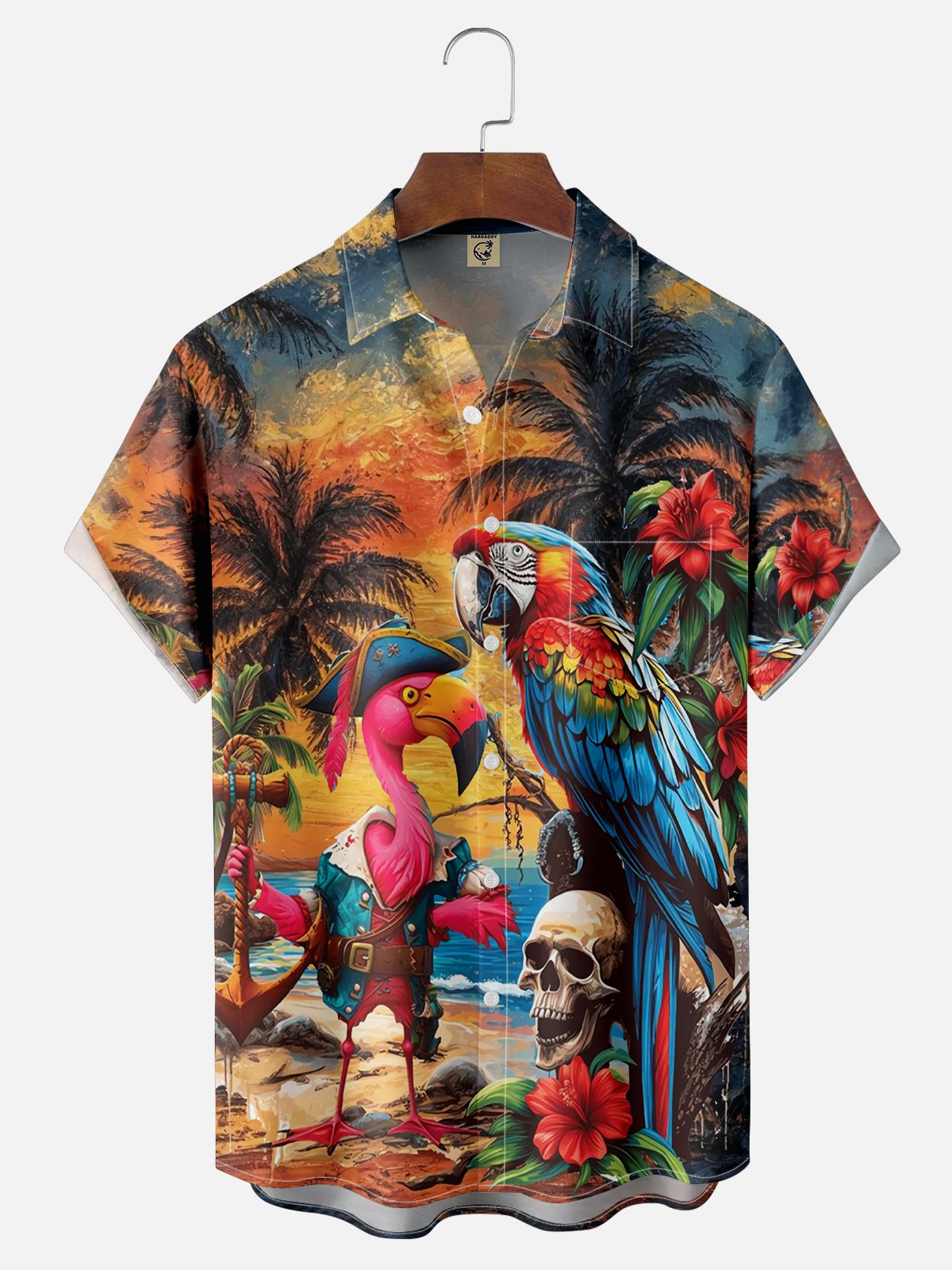 Moisture Wicking Hawaiian Pirate Flamingo Parrot Chest Pocket Casual Shirt