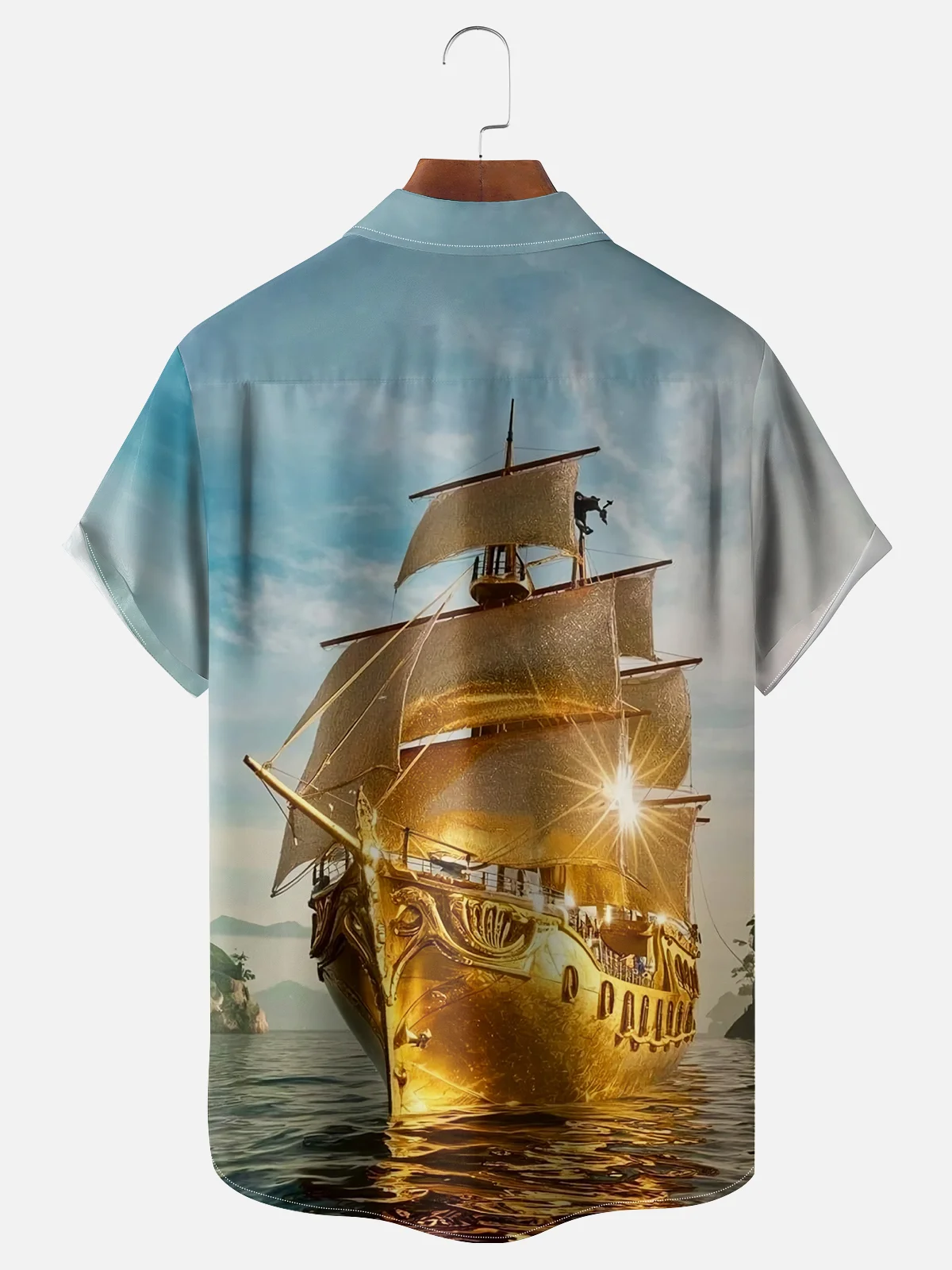 Moisture-wicking Ocean Gold Sailboat Chest Pocket Hawaiian Shirt