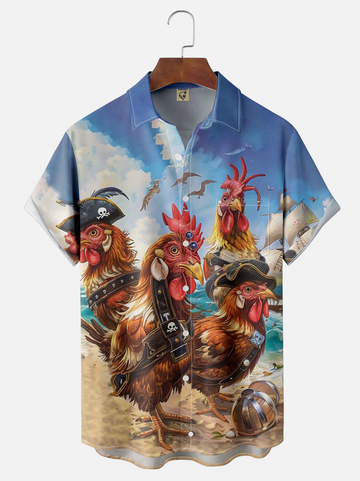 Moisture Wicking Hawaiian Pirate Chicken Chest Pocket Casual Shirt